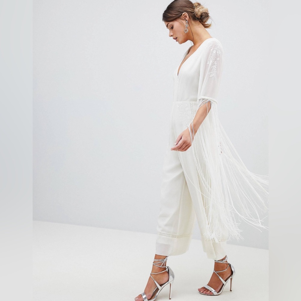 ASOS DESIGN Premium Jumpsuit With Embroidery And Fringing - Size US 2